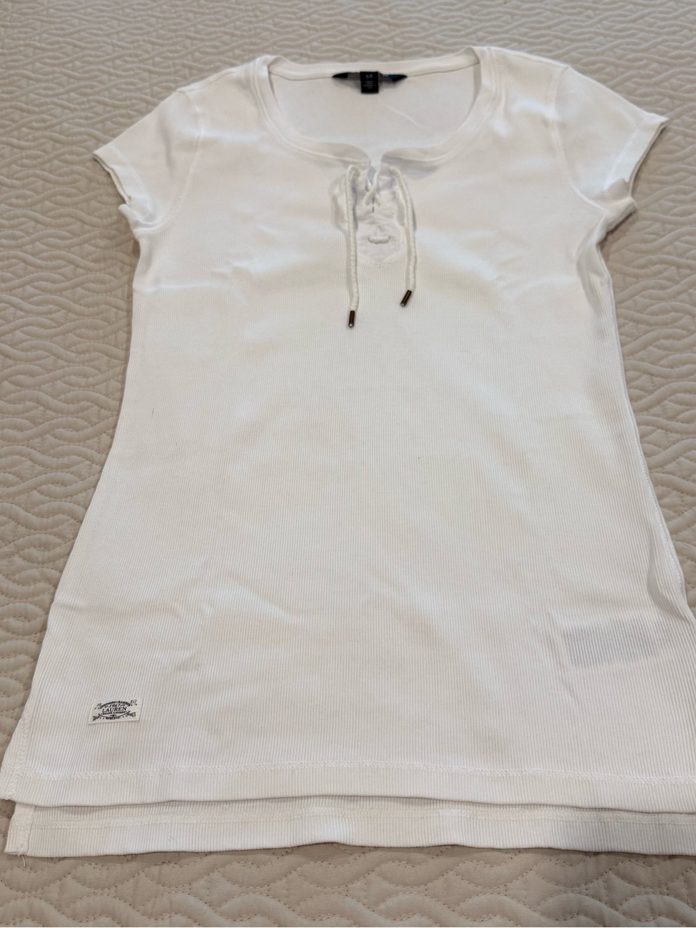 Lauren Ralph Lauren White Short Sleeve Lace-Up Ribbed Tee